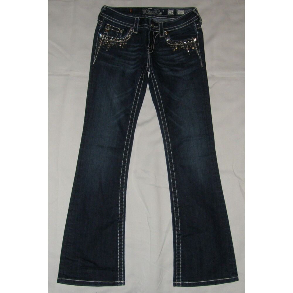 MISS ME Embellished Dark Denim Sz 26 Casual Wear Stretch Low Rise Boot Cut Jeans